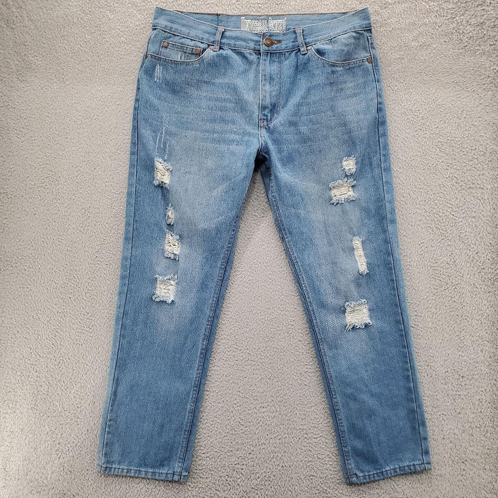 Universal Genius Jeans Mens 36x30 Slim Straight Light Wash Blue Distressed